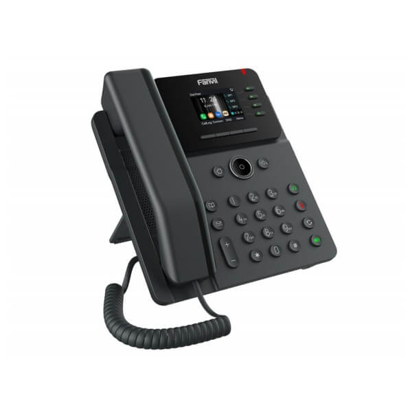 A black modern office desk phone with a digital display and multiple function buttons.