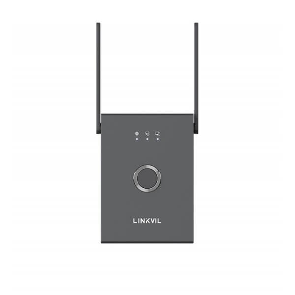 Front view of a modern wireless router with two antennas and a circular interface, branded LINKVIL.