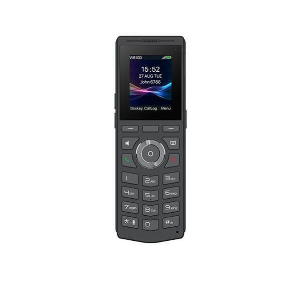 A black vertical candy bar feature phone with a color screen showing the time and an incoming call from John.