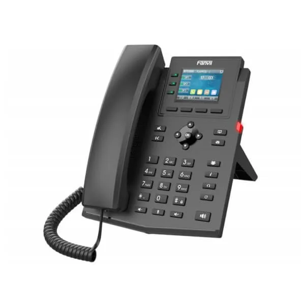 A black desk phone with a digital display and various function buttons, connected to a coiled cord.