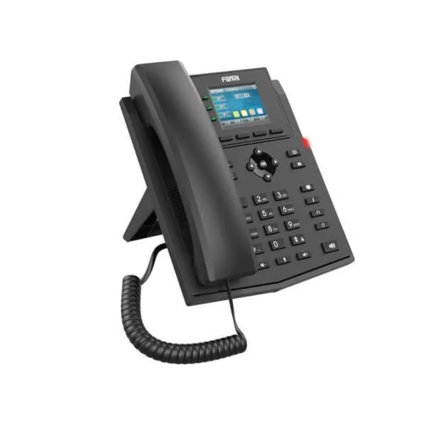 A black, modern office desk phone with LCD display and cord.