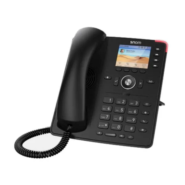A sleek black Snom VoIP phone featuring a numeric keypad, a small display screen, and a coiled handset, ideal for office communication.