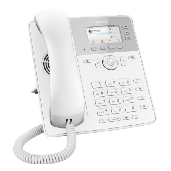 A white modern office desk phone with digital display and buttons.
