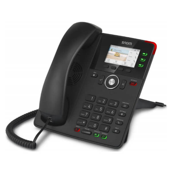 A sleek Snom D725 VoIP phone featuring a color display, customizable keys, and a modern design, ideal for office use.