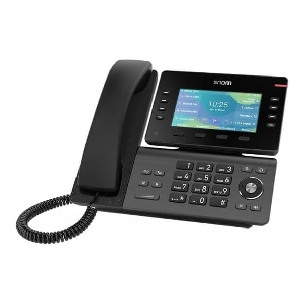 A sleek Snom VoIP desk phone featuring a digital display, a traditional handset, and a full keypad for efficient communication.