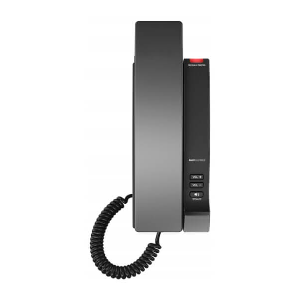 A sleek black corded telephone featuring a coiled handset cord and volume control buttons.