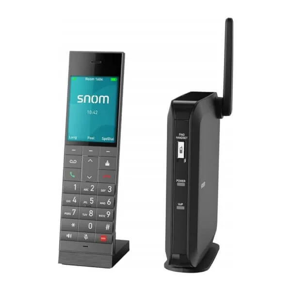 A sleek Snom VoIP phone with a docking station, featuring a color display and modern design.