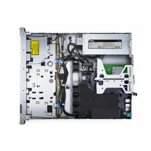 An internal view of a computer case showing the arrangement of components, including a 450W power supply, wiring, and circuit boards.