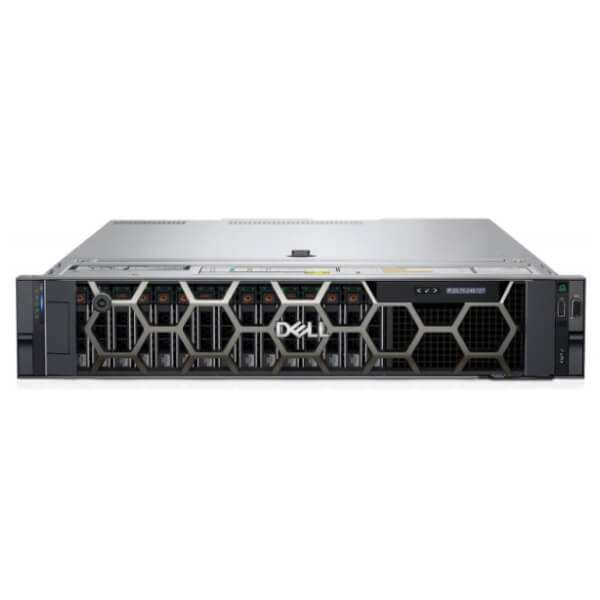 A front view of a Dell rack server featuring a sleek design with hexagonal ventilation grates, multiple drive bays, and a prominent Dell logo.