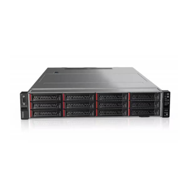 Front view of a server rack unit featuring several drive bays and a sleek metal design.