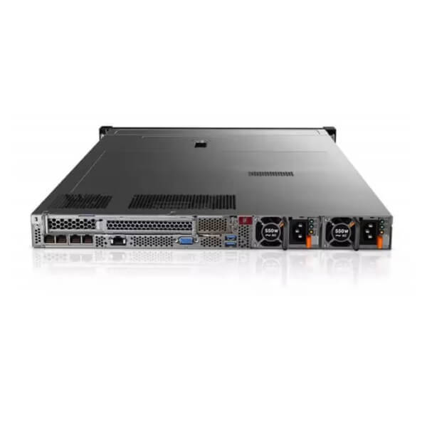 Server Rack Unit::Rear view of a server rack unit showcasing power supplies, ports, and ventilation features.