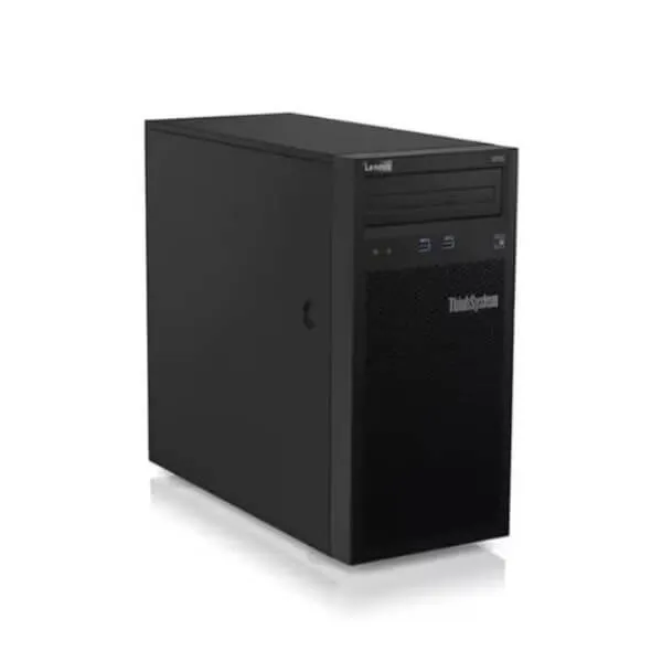 A sleek black Lenovo ThinkSystem tower server featuring a front drive bay and multiple connectivity ports.