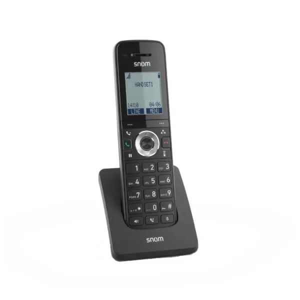 A sleek Snom wireless phone displayed on its charging base, showcasing a digital screen and keypad.