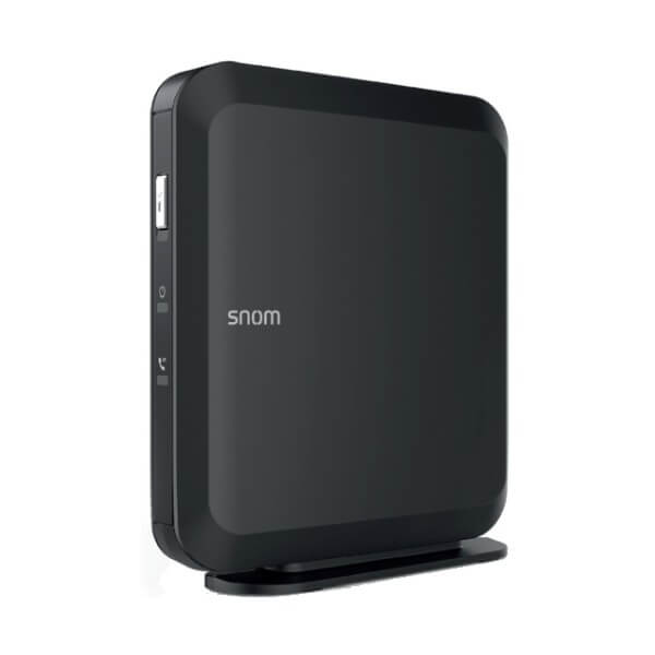 A sleek black Snom communication device showcasing side ports and branding.