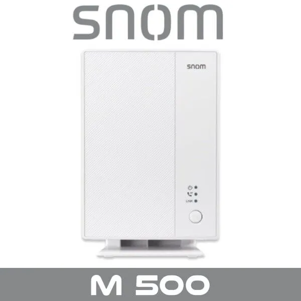 A sleek white Snom M500 VoIP base station with indicator lights and a modern design, intended for enhanced communication solutions.