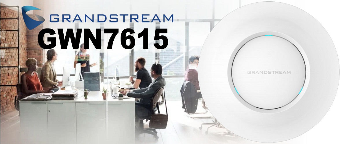 Grandstream GWN7615 Wi-Fi Access Point Advertisement A split image with one side showing a Grandstream GWN7615 Wi-Fi access point and the other side depicting people working in a modern office environment.