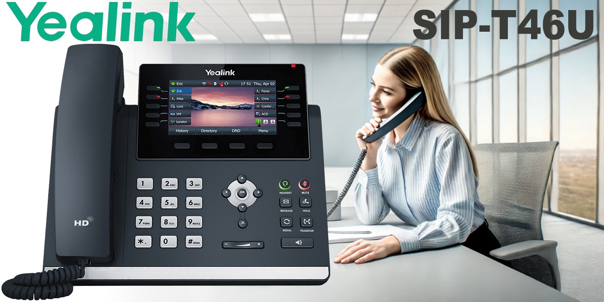 Yealink SIP-T46U Desk Phone in Office Setting Businesswoman using a Yealink SIP-T46U desk phone in a modern office environment