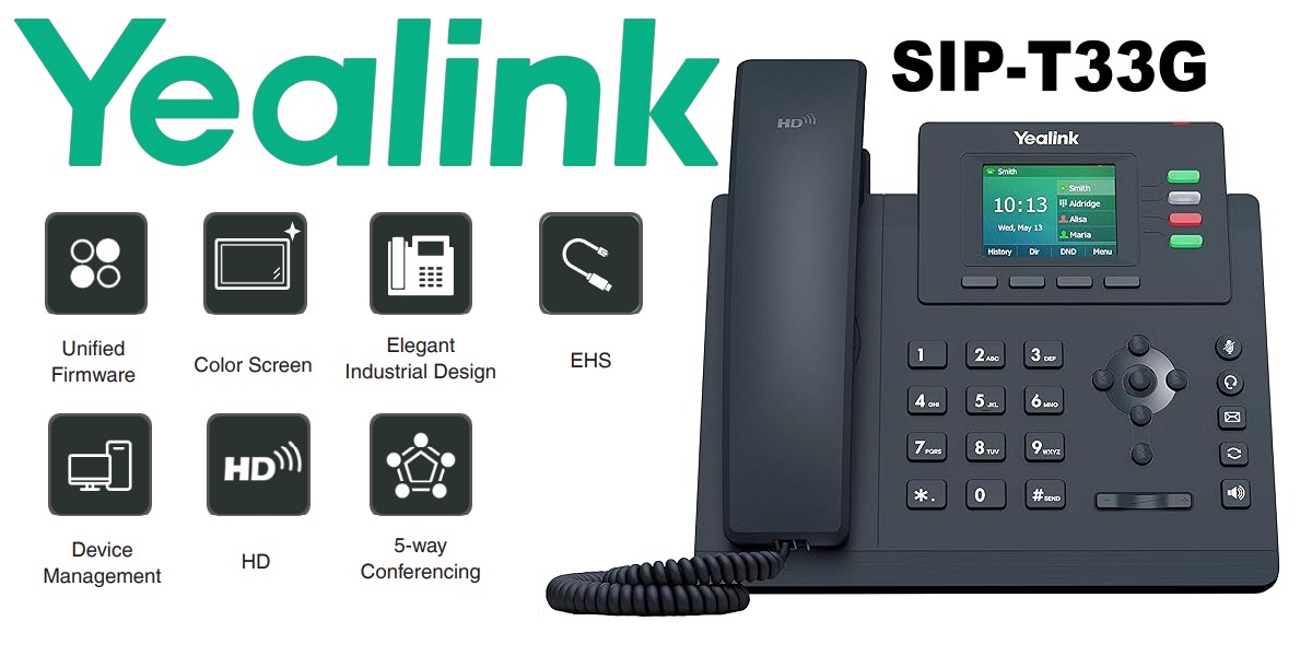 Yealink SIP-T33G VoIP Phone Features Yealink branded SIP-T33G VoIP Desktop Phone with features icons such as HD audio, color screen, and elegant industrial design.