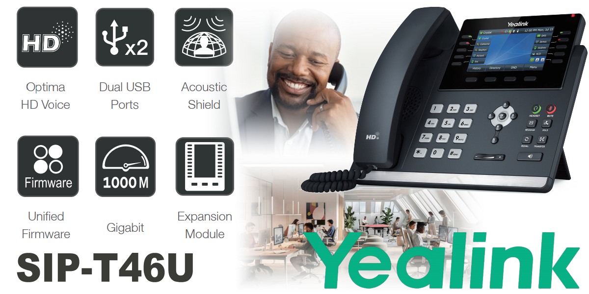 Advanced Business IP Phone Features A man smiling while using a Yealink business IP phone with a list of its features like HD voice and dual USB ports displayed next to the device.