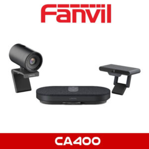 An image featuring the Fanvil logo on the top left corner, with a set of three black video conferencing devices: an oval-shaped speakerphone in the center, a camera on the left, and a camera clamp on the right. The model number CA400 is displayed prominently at the bottom.