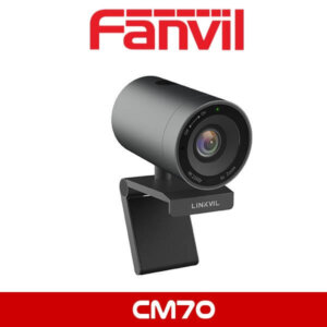 Alt text: A Fanvil CM70 webcam with a black cylindrical design, mounted on an adjustable base, set against a white background with the Fanvil logo prominently displayed at the top.