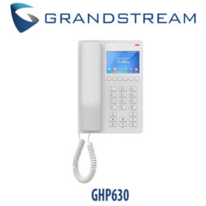 A Grandstream GHP630 wall-mounted hotel phone with a handset, numeric keypad, and a color display showing the time against a white background.