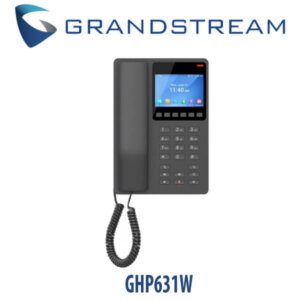 A Grandstream GHP631W office phone, which is a modern VoIP telephone with a color display, on a light background.