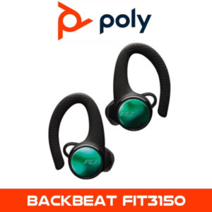 A promotional image of Poly BackBeat FIT 3150 wireless earbuds with over-ear hooks, featuring the logo and product name.