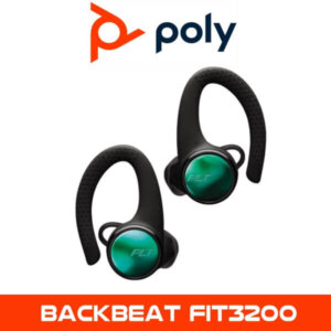 Poly logo at the top with a pair of black Poly BackBeat FIT 3200 wireless earbuds displayed against a white background, with the product name 'BACKBEAT FIT3200' in orange at the bottom.