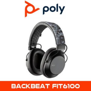 Alt text: A black Poly BackBeat FIT 6100 over-ear headphone with cushioned earcups and a textured headband. The Poly logo is displayed at the top and the model name is at the bottom.