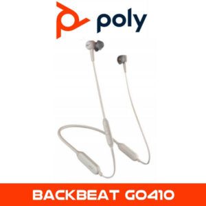A pair of Poly BackBeat GO 410 wireless earbuds displayed against a white background with the Poly logo and product name below.