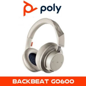 Alt text: A pair of Poly BackBeat GO600 wireless over-ear headphones in grey, with the Poly logo and the product name "BACKBEAT GO600" displayed below.