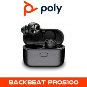Alt Text: "Poly Backbeat Pro 5100 true wireless earbuds positioned partially outside of their black charging case, with the Poly logo and product name displayed above and below."