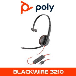 An image of a Poly Blackwire 3210 wired headset with a single earpiece, a flexible microphone boom, and an attached USB connector. The Poly logo is displayed at the top of the image.