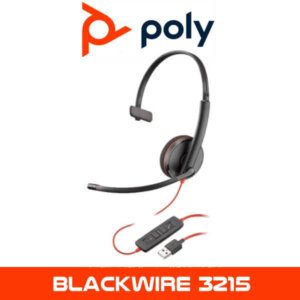Alt text: A Poly Blackwire 3215 monaural headset with a flexible microphone arm and a USB-A connector, with the Poly logo and model name displayed above and below the image respectively. The headset and USB connector are accented with red details on a white background.