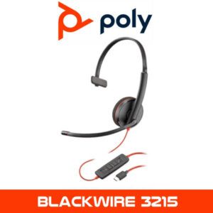 An image of a Poly Blackwire 3215 monaural headset with an attached USB-A connection cable. The Poly logo is displayed at the top.