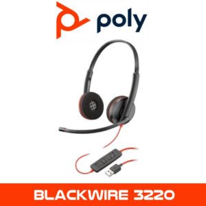The image shows a Poly Blackwire 3220 headset with a single earcup, an attached microphone boom, and a USB connector. The Poly logo is at the top, and the product name is at the bottom against an orange backdrop.