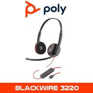 Product advertisement for Poly Blackwire 3220 headset, featuring an image of the wired headset with a USB-A connector and a microphone boom, set against a white background with the Poly brand logo above and the product name "BLACKWIRE 3220" in bold red letters at the bottom.