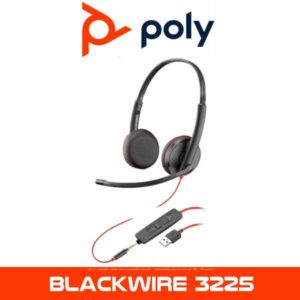 The image shows a Poly Blackwire 3225 headset with a microphone and an inline control unit, with a USB connectivity option. The Poly logo is displayed at the top of the image.