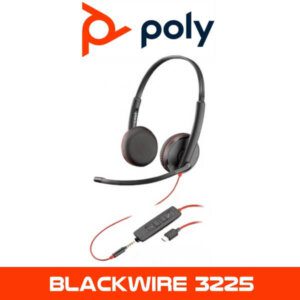 The image shows a Poly Blackwire 3225 wired headset with a boom microphone, in-line control, and a 3.5 mm jack connector, set against a white background with the Poly logo at the top and the product name at the bottom.