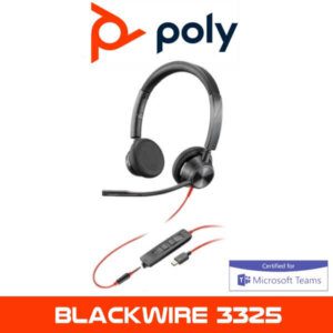 An image of a Poly Blackwire 3325 headset with an attached control unit, promoted as certified for Microsoft Teams, against a white background. The Poly logo appears in the top left corner.