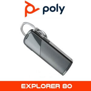 A Poly Explorer 80 Bluetooth headset displayed in front of the Poly logo.