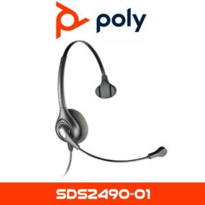 A single-ear, over-the-head headset with a flexible microphone boom, branded with the Poly logo, and a product code "SDS2490-01" displayed below.