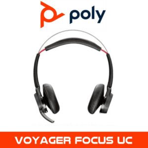 A Poly Voyager Focus UC wireless headset with a microphone arm on one side, black ear cushions, and a black headband with a red detail. The Poly logo is displayed above and the product name "VOYAGER FOCUS UC" is written below the headset.