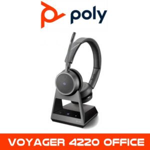 A Poly Voyager 4220 Office wireless headset displayed on its charging stand with the Poly logo at the top left and the product name at the bottom.