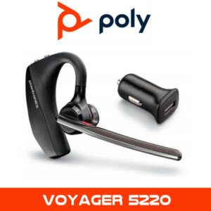 Promotional image of a Poly Voyager 5220 Bluetooth headset with an earpiece, microphone boom, and a separate car charger, alongside the Poly logo and the product name.