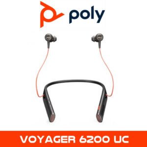 A Poly Voyager 6200 UC wireless headset with earbuds connected by a red cable to a black neckband, with the Poly logo and product name displayed above and below.