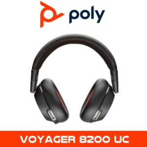 An image showing a pair of Poly Voyager 8200 UC wireless headphones with a black and red color scheme, positioned against a white background with the Poly logo above and the product model name below.