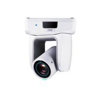 A modern white pan-tilt-zoom (PTZ) security camera with a prominent lens on a white background.
