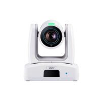 A professional PTZ (pan-tilt-zoom) conference camera isolated on a white background.